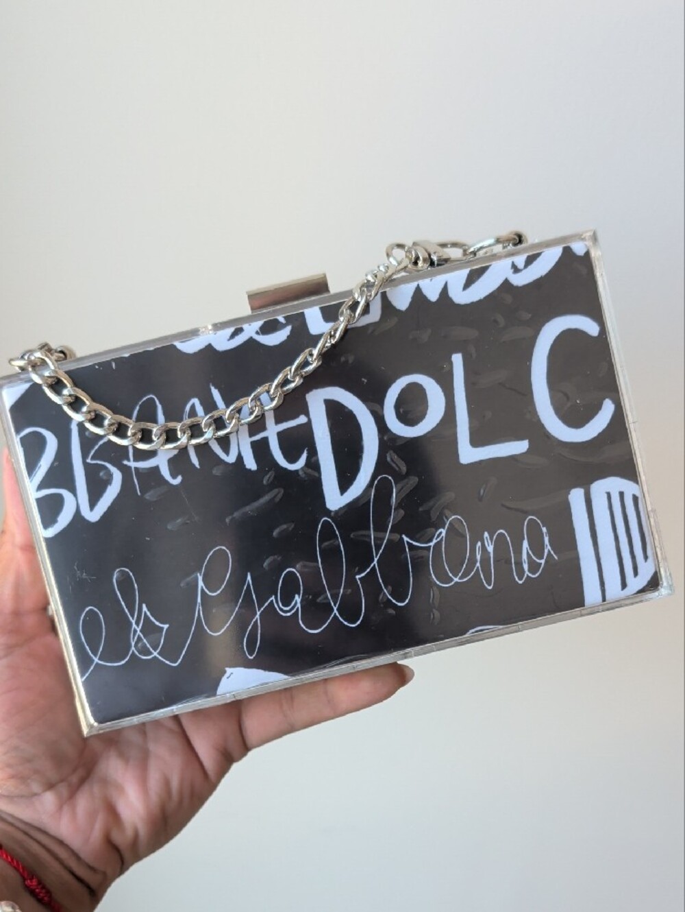 Upcycled Black Graphic Acrylic Box Bag with Chain Strap